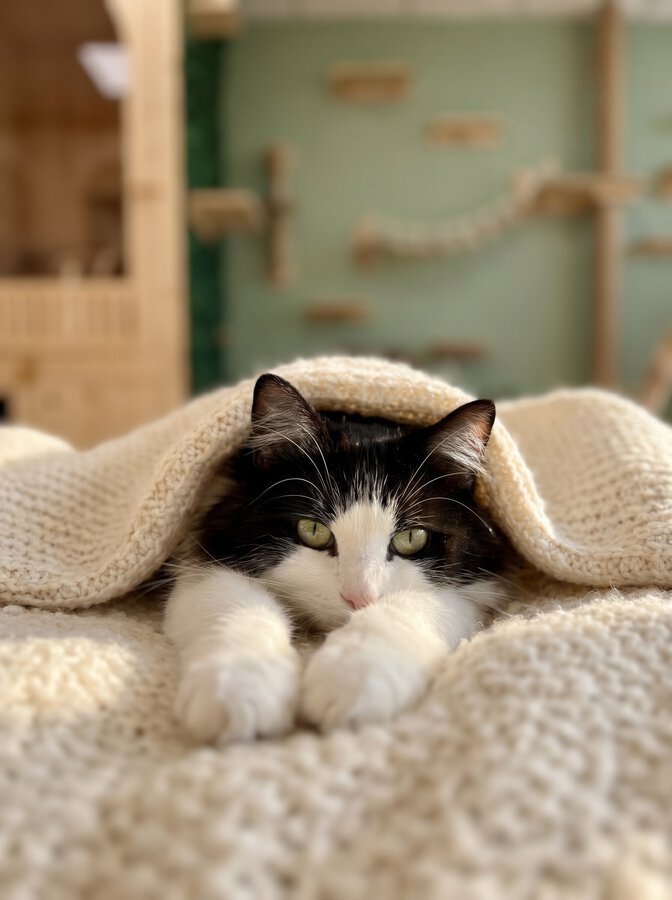 Chat caché sous une couverture dans sa chambre de pension féline, en train de s'acclimater en douceur à son nouvel environnement