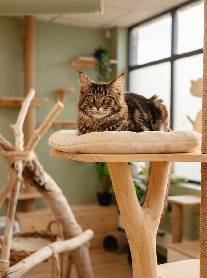 Chat perché en hauteur sur son arbre à chat dans sa chambre de pension, l'air serein et maître de son territoire
