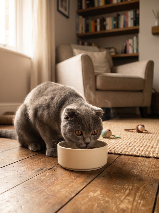 Gamelle remplie selon les habitudes alimentaires du chat à la maison, repas à heure fixe dans la pension féline