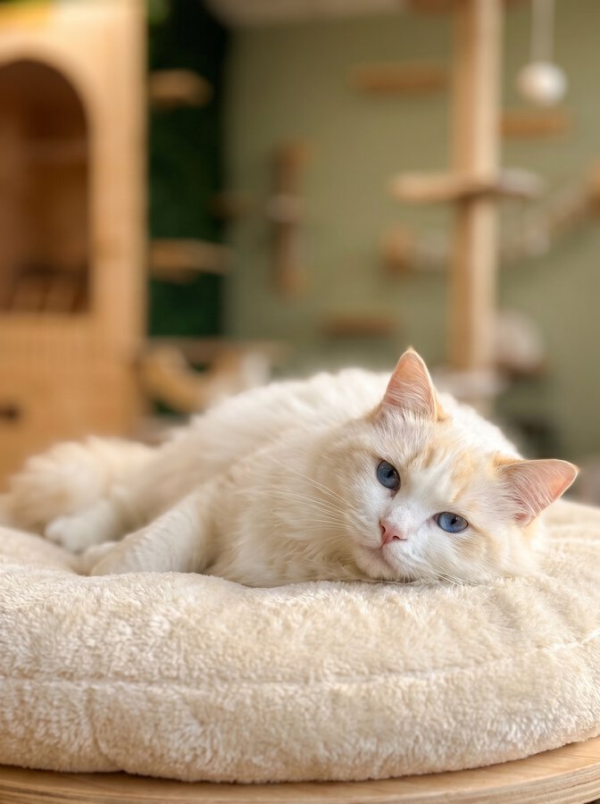 Chat détendu et endormi dans sa chambre de pension, signe d'un séjour serein