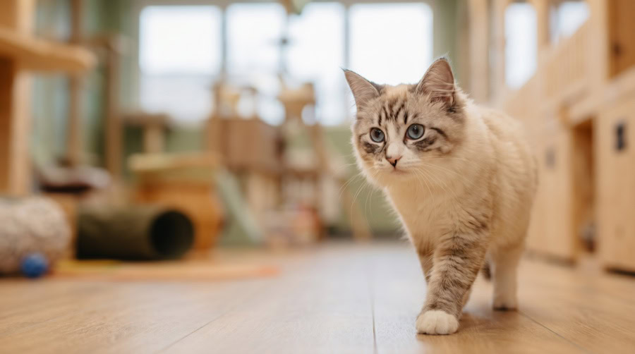 Jeune chaton curieux qui découvre l'espace du Fluffy Cat Hotel à Biot lors d'une première pension