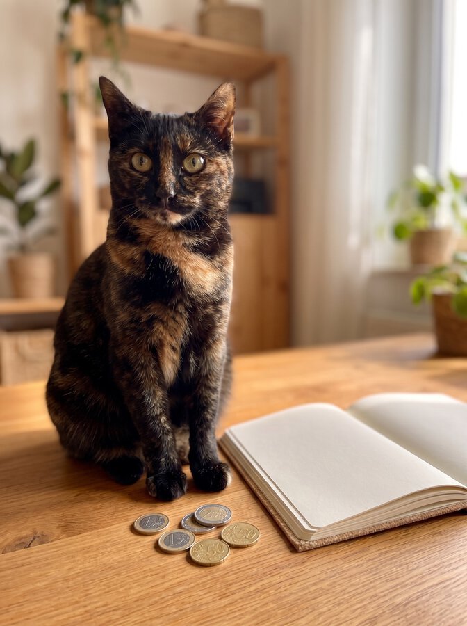 Patte de chat posée sur un carnet de budget à côté de pièces de monnaie, pour estimer le prix d'une pension pour chat