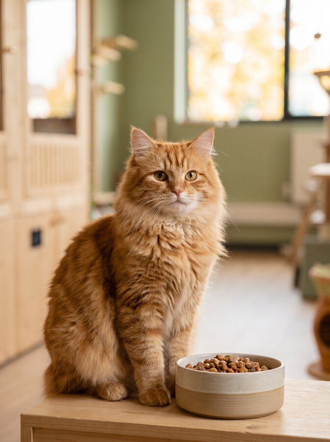 Repas soigné et chambre confortable inclus dans le tarif de la pension pour chat Fluffy Cat Hotel à Biot