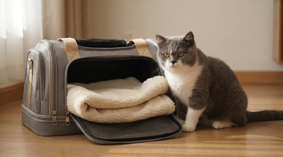 Chat dans son transporteur posé sur une couverture, prêt pour son tout premier séjour en pension féline sur la Côte d'Azur