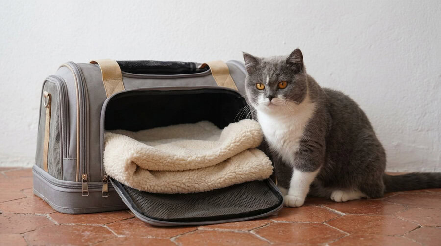 Chat dans son transporteur posé sur une couverture, prêt pour son tout premier séjour en pension féline sur la Côte d'Azur