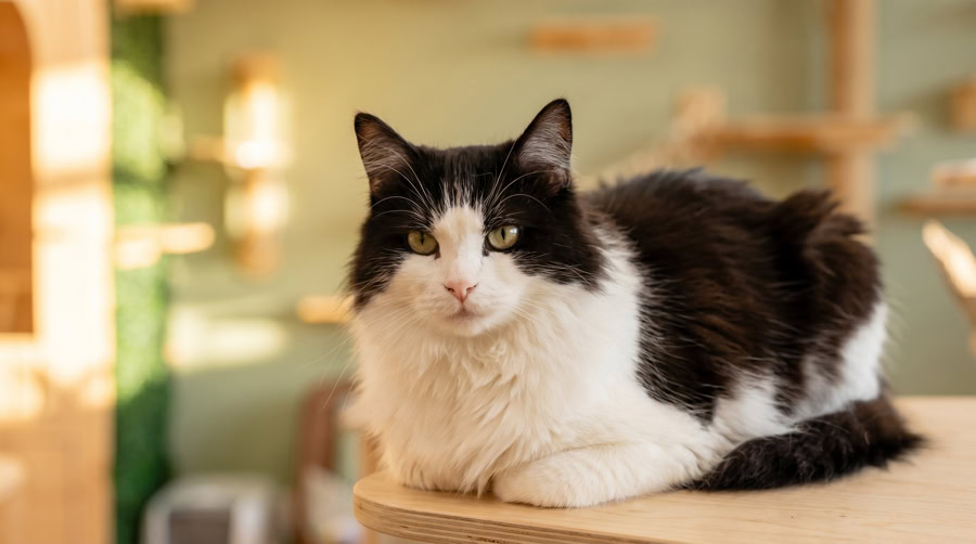 Chat tigré paisible et détendu, lové en confiance dans sa chambre individuelle de pension féline à Biot, preuve qu'un chat stressé peut s'apaiser dans le bon environnement