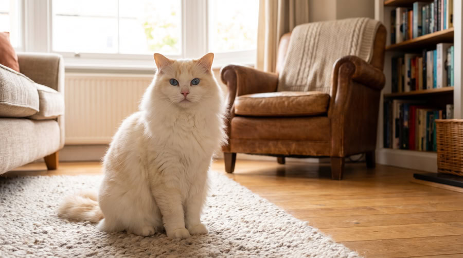 Chat tranquille à la maison près d'un transporteur ouvert, illustrant le choix entre une pension féline et un cat sitter à domicile sur la Côte d'Azur