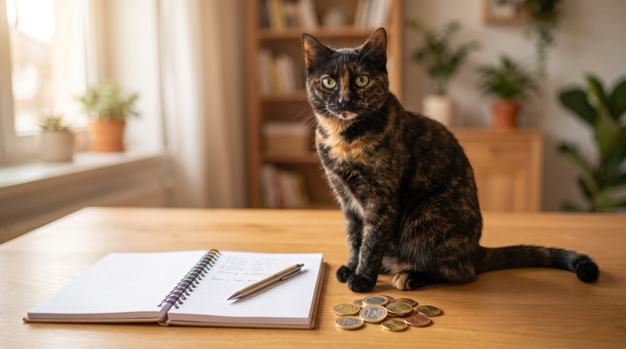 Chat tranquille à côté d'un carnet et de pièces de monnaie, illustrant le budget d'une pension pour chat sur la Côte d'Azur