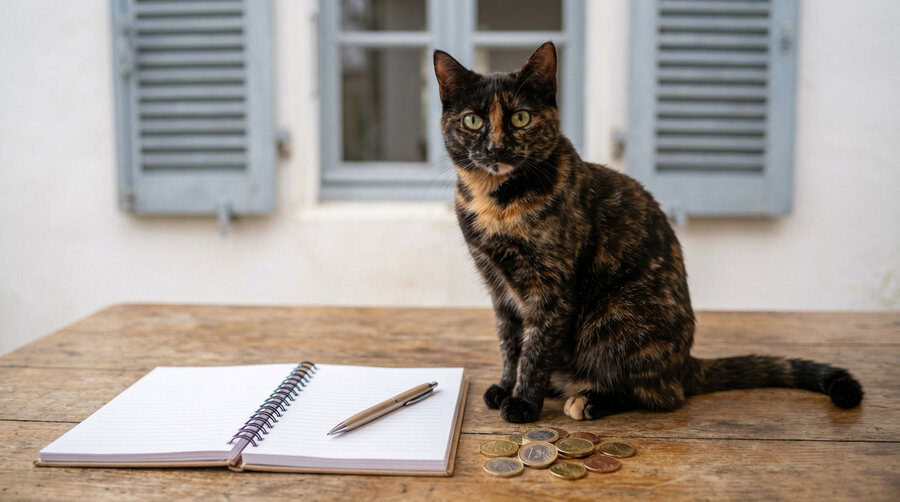 Chat tranquille à côté d'un carnet et de pièces de monnaie, illustrant le budget d'une pension pour chat sur la Côte d'Azur