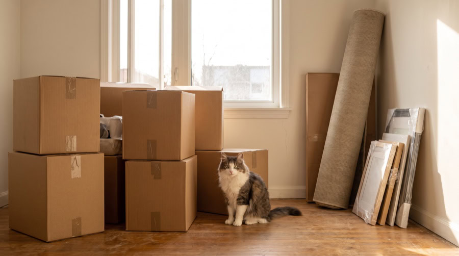 Chat assis au milieu des cartons de déménagement dans une pièce vidée, le jour du déménagement