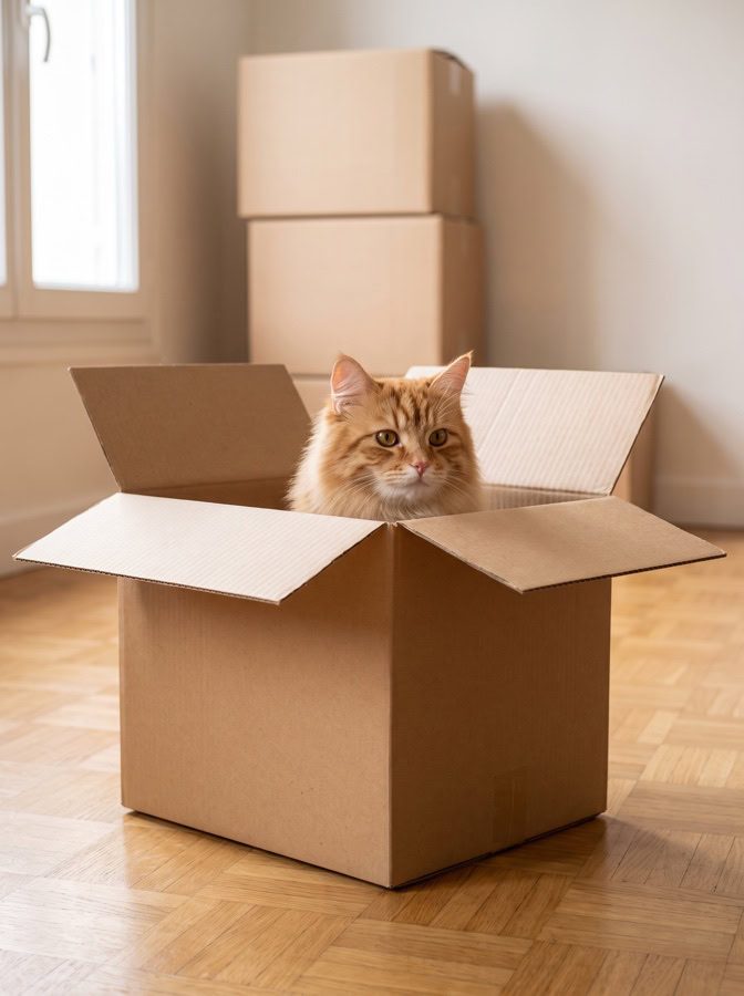 Chat roux curieux installé dans un carton de déménagement ouvert, quelques jours avant le déménagement