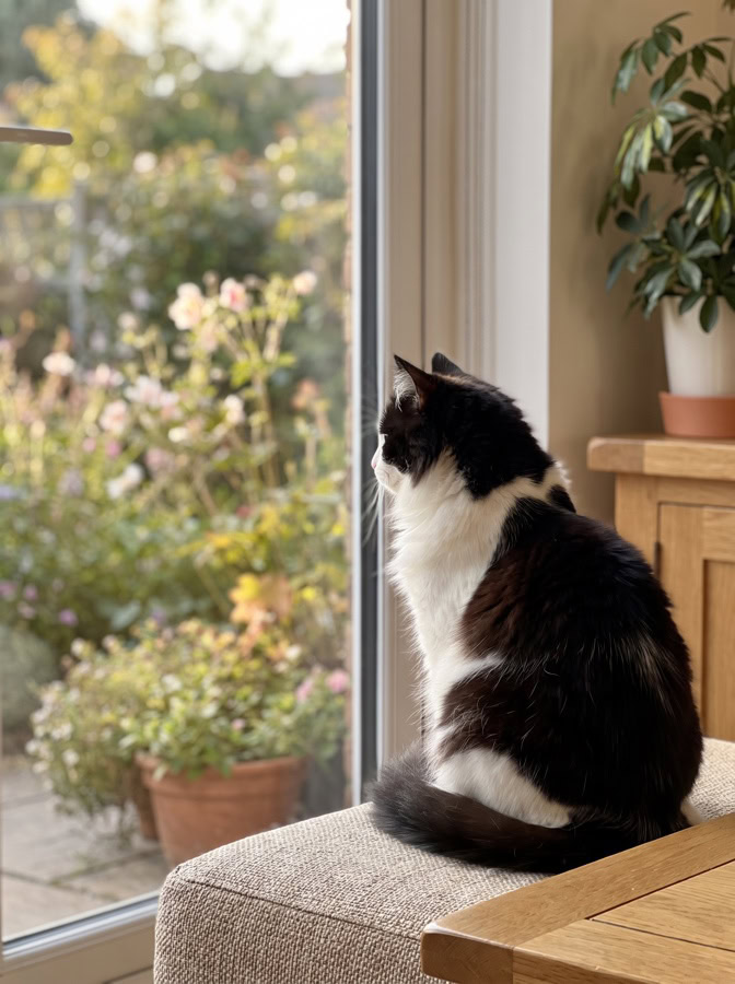 Chat d'extérieur assis derrière une baie vitrée qui regarde le jardin après un déménagement