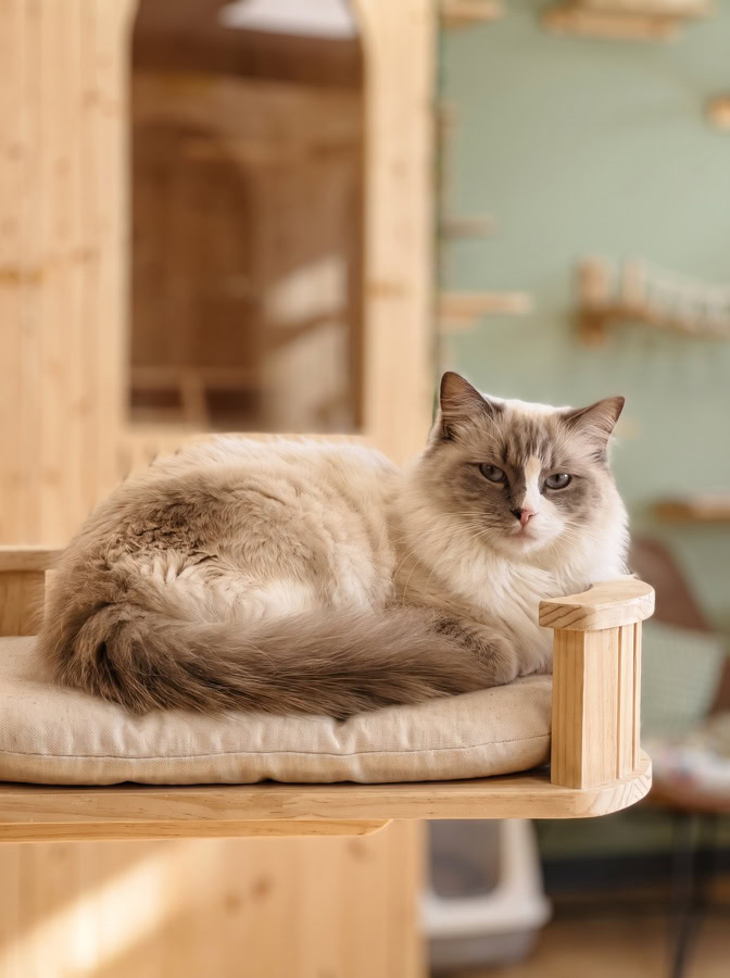 Chat détendu au Fluffy Cat Hotel pendant un déménagement et des travaux