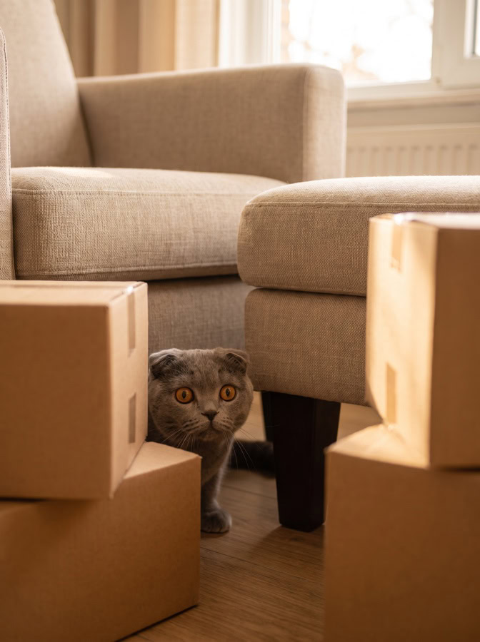 Chat stressé caché derrière des cartons de déménagement dans son nouveau logement
