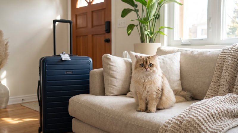 Chat doré détendu à la maison sur un canapé, une valise prête à côté, avant de partir en vacances et de faire garder son chat sur la Côte d'Azur