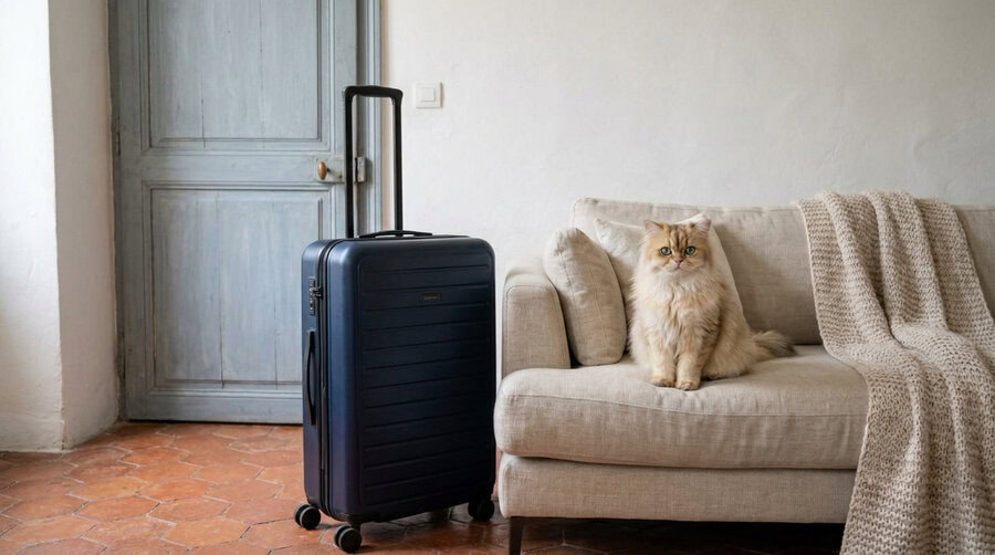 Chat doré détendu à la maison sur un canapé, une valise prête à côté, avant de partir en vacances et de faire garder son chat sur la Côte d'Azur