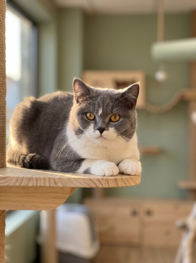 Chat gris et blanc installé sur un arbre à chat en bois dans la pension féline Fluffy Cat Hotel à Biot, près de Nice et Antibes