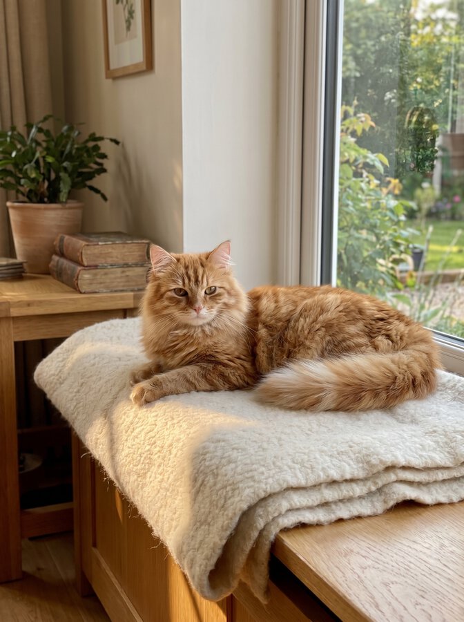 Chat roux à poil long lové dans la lumière d'été à la maison, le bon moment pour réserver une garde de chat avant les vacances