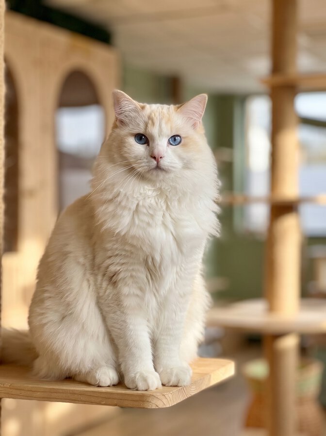 Ragdoll crème aux yeux bleus détendu et en confiance dans la pension féline Fluffy Cat Hotel à Biot