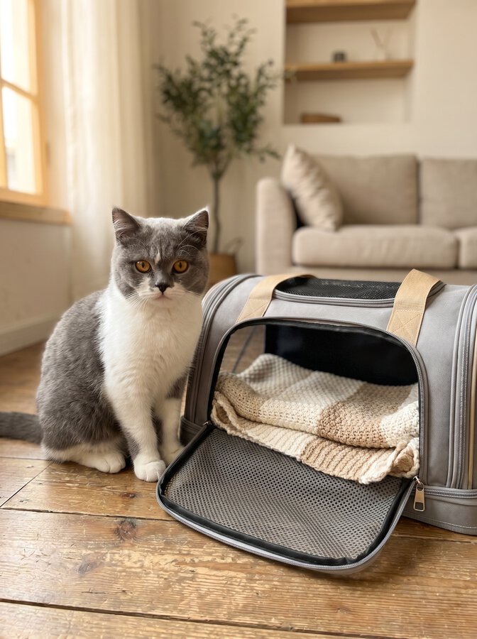Chat dans son transporteur posé sur une couverture, prêt pour son premier séjour en pension féline