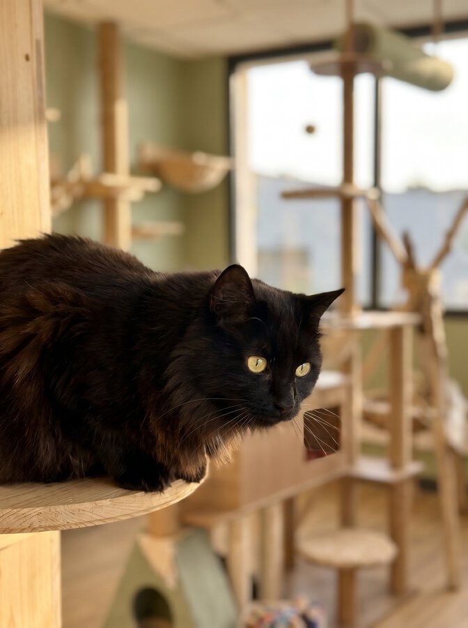 Chat qui découvre doucement sa chambre lors de son arrivée à la pension féline