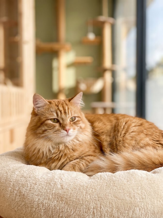 Chat détendu installé sur un coussin moelleux dans sa chambre privative de pension