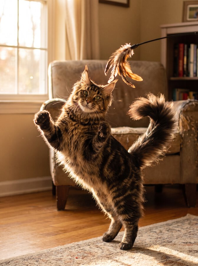 Chat jouant avec une plume, détendu et rassuré après son séjour en pension