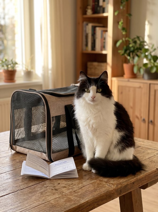 Carnet de notes et transporteur posés ensemble pour préparer le choix de la garde de son chat