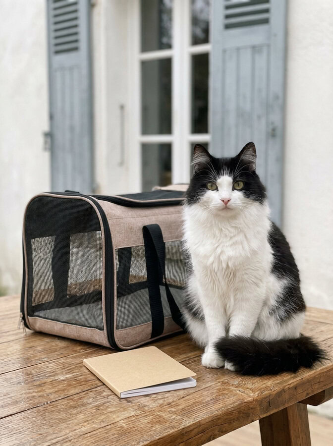 Carnet de notes et transporteur posés ensemble pour préparer le choix de la garde de son chat