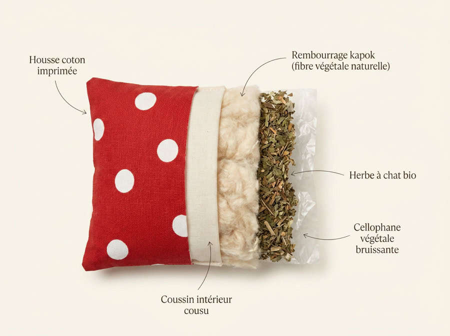 Coussin Herbacha en vue éclatée : housse coton 100%, coussin intérieur cousu, rembourrage en fibres naturelles, herbe à chat bio et cellophane végétale