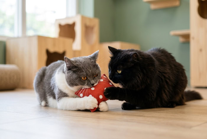 Deux chats qui se disputent le coussin Herbacha rouge à pois