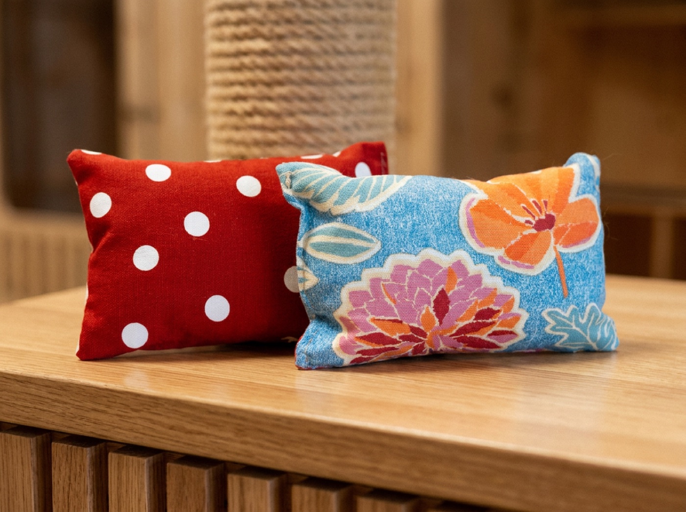 Les deux coussins Herbacha, rouge à pois et floral