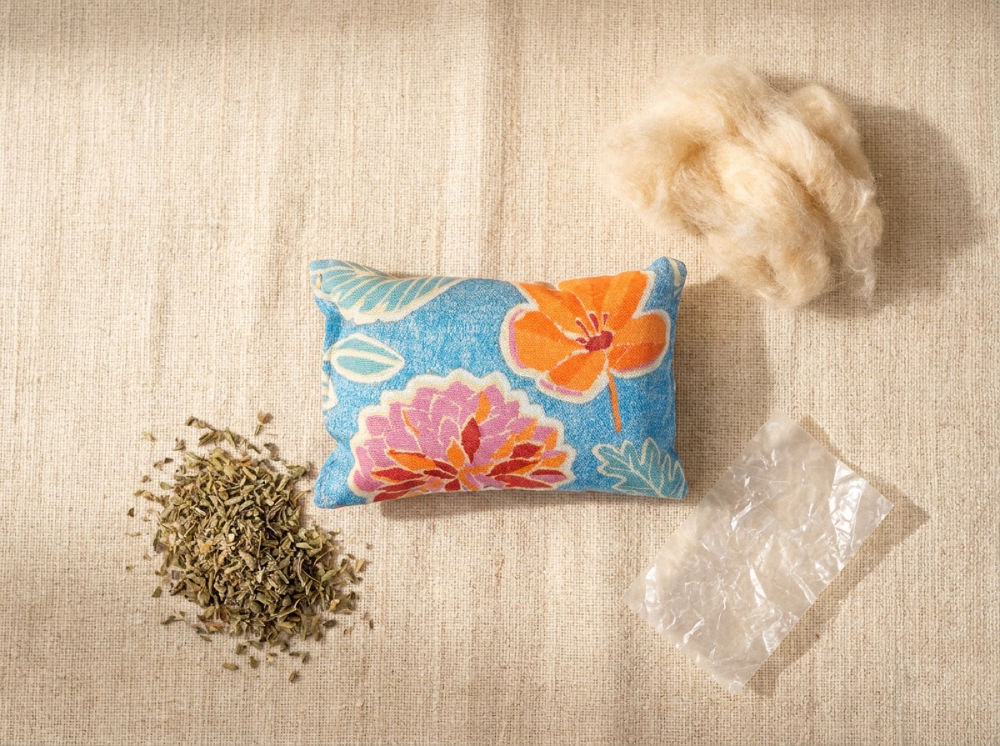 Coussin Herbacha floral avec herbe à chat bio, rembourrage en fibres naturelles et cellophane végétale